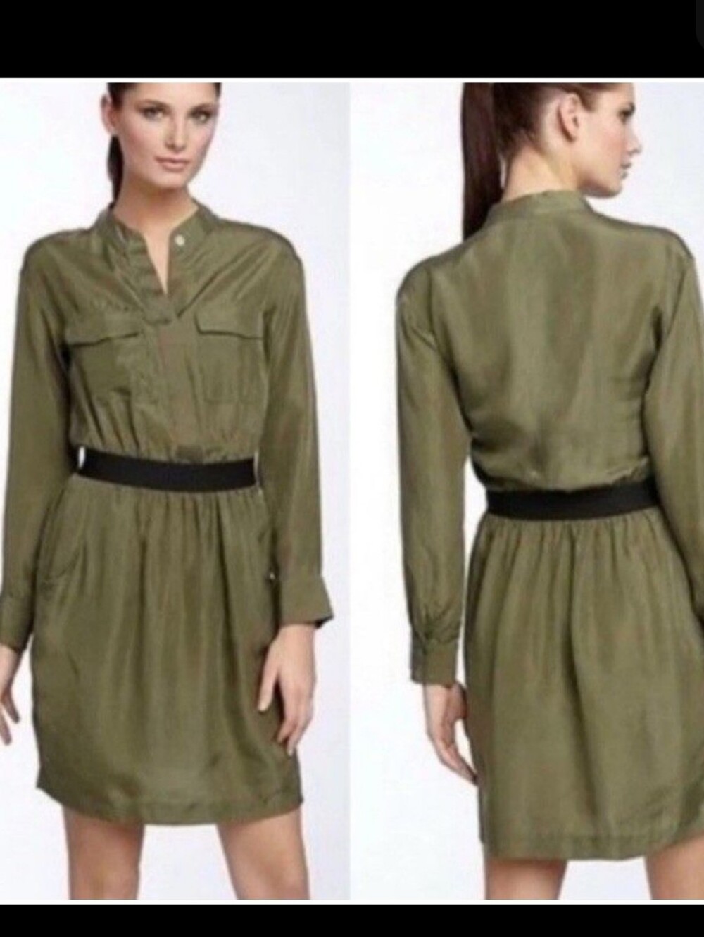 Banana Republic  Olive Satin Silk  Blend Fabric  Safari Dress With Pockets Sz 4